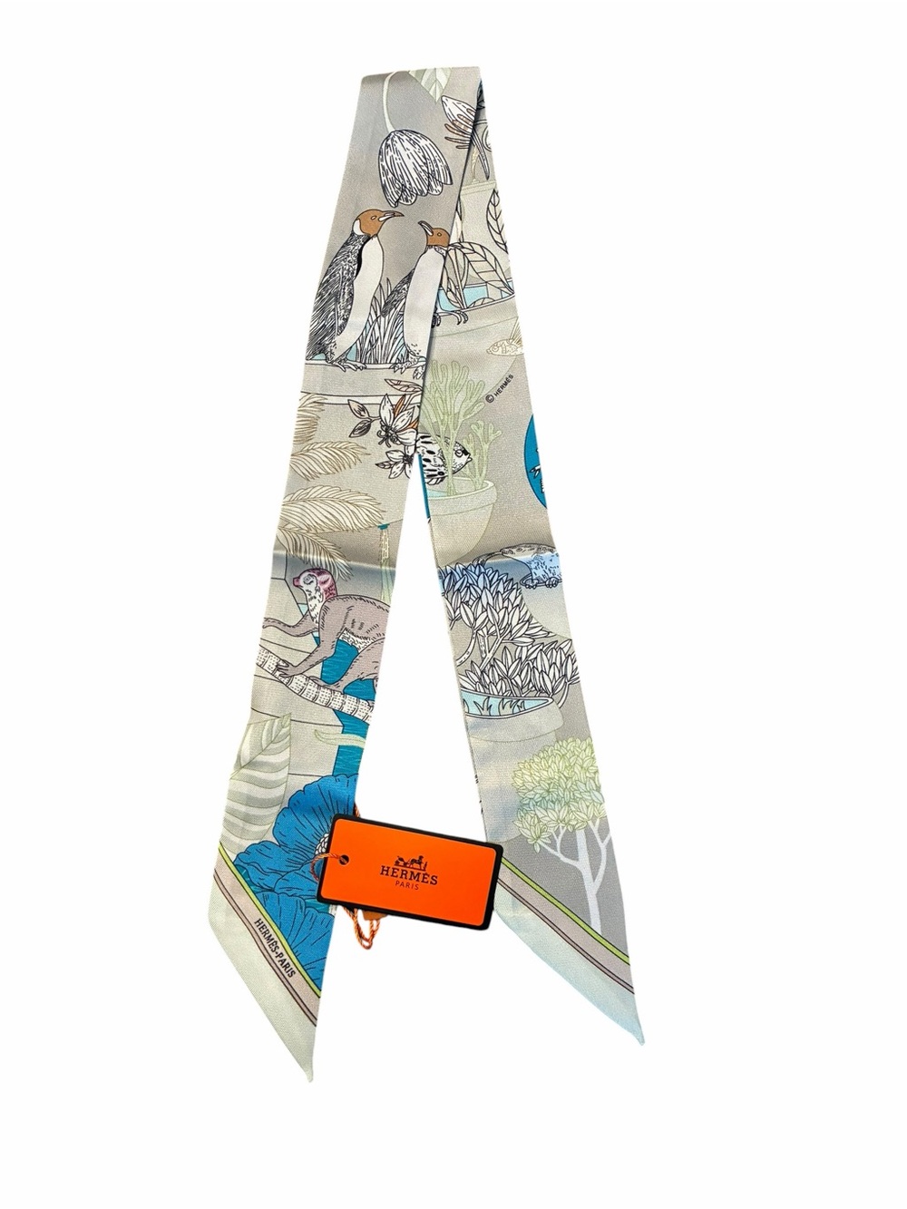 Precious Paradise Twilly Scarf Multi/ Color Multi Birds Monkey Floral 100% Silk